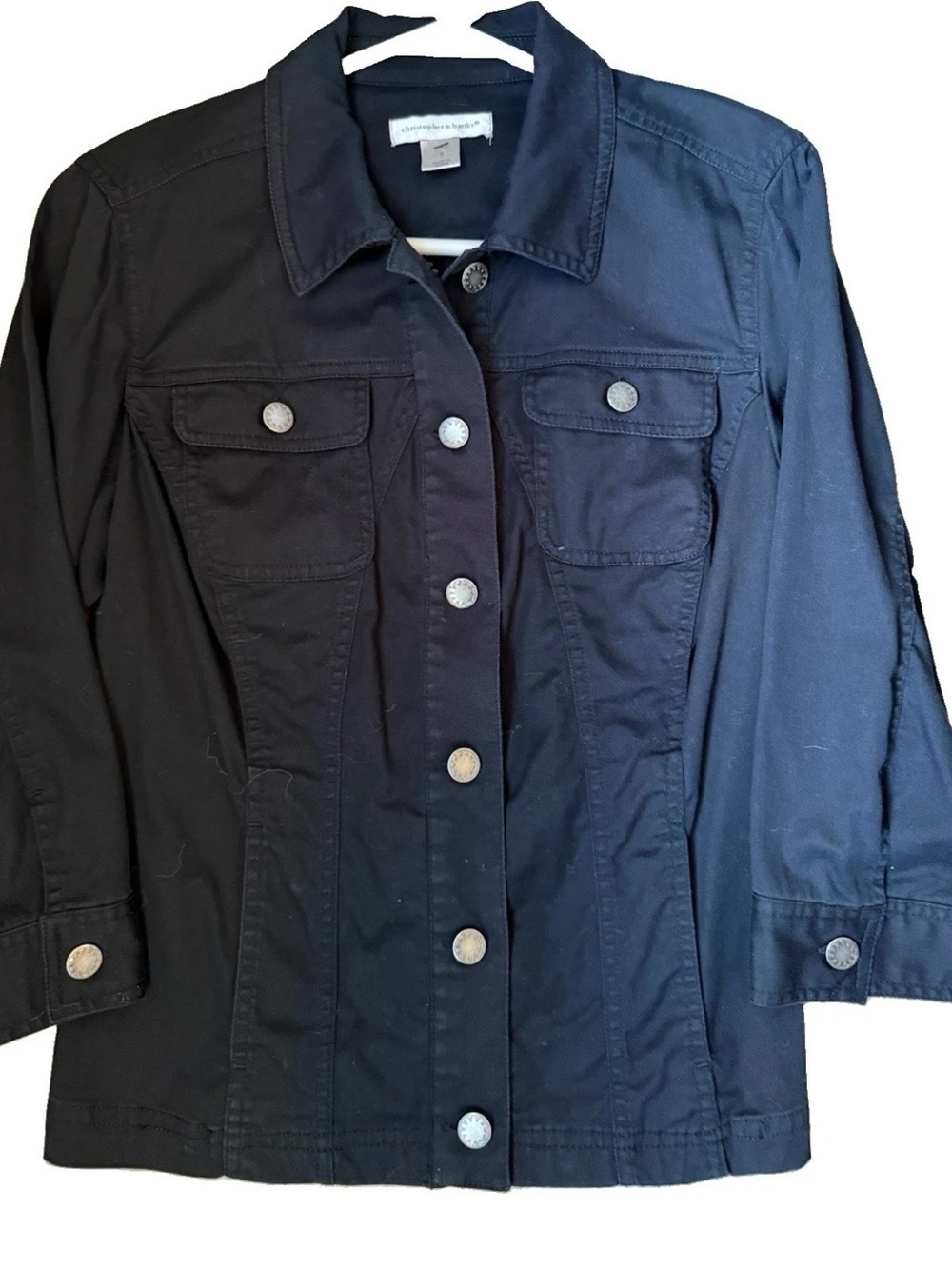 Christopher & Banks Black Button-Front Jean Jacket 3/4 Sleeve Small